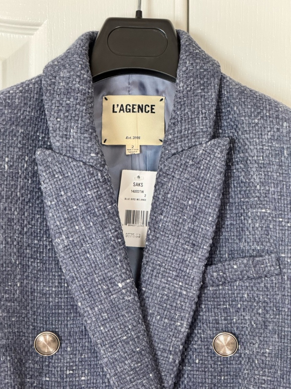 L'AGENCE Wool Blend Tweed Double-Breasted Blazer in Denim Blue - US 2 - Picture 3 of 9